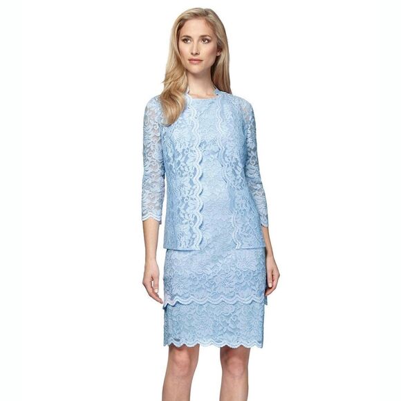 New! ALEX EVENINGS Women's 2-Piece Lace Jacket And Dress Periwinkle Light Blue - Picture 2 of 4